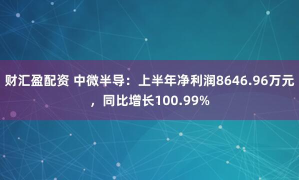 财汇盈配资 中微半导：上半年净利润8646.96万元，同比增长100.99%
